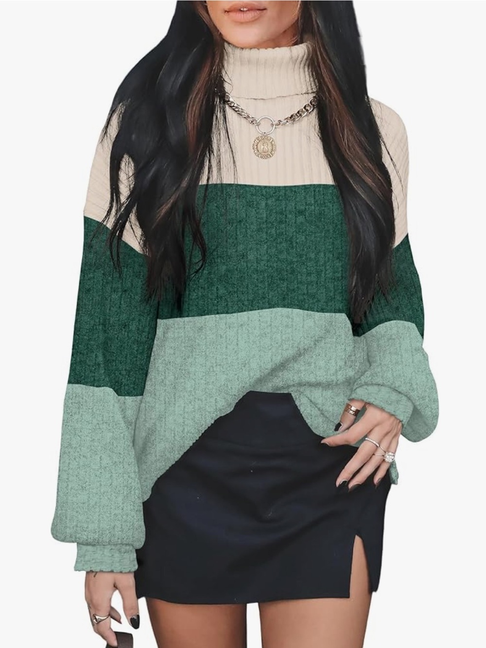 Colorblock Turtleneck Knit Sweater - Green/Cream L